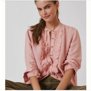 Anthropologie Pilcro Ruffled Placket Woven Button-Up Shirt Western Pink Small